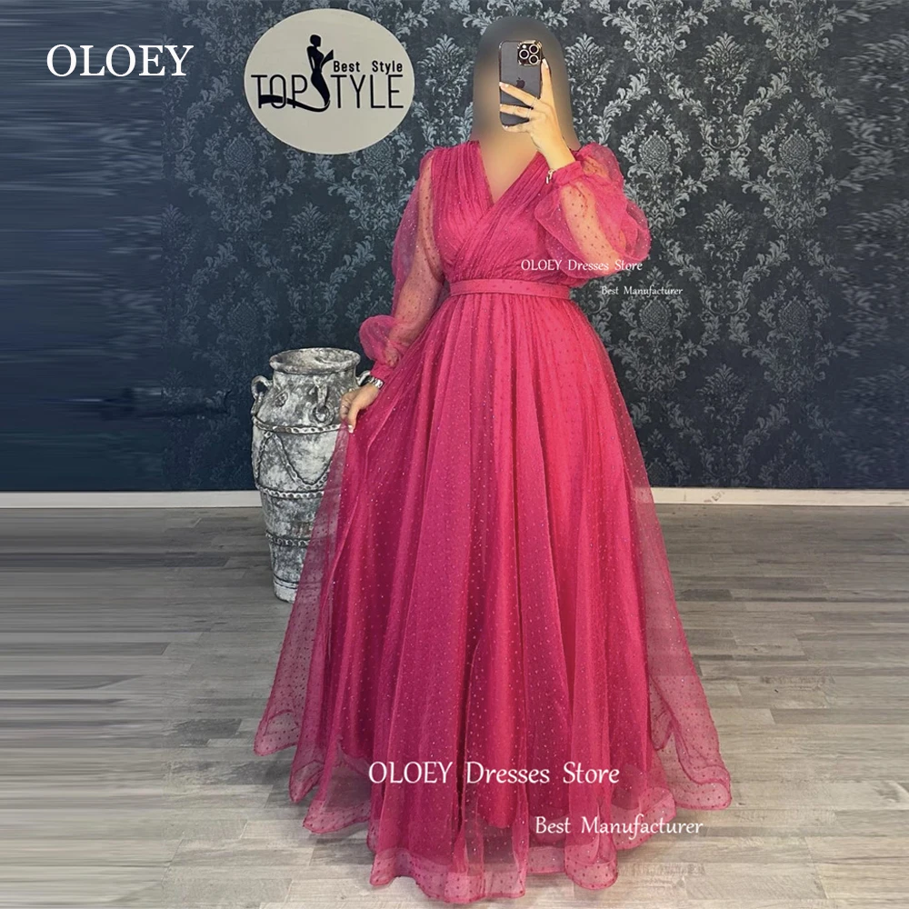 

OLOEY Modest Dotted Tulle Evening Dresses Dubai Arabic Women V Neck Puff Long Sleeves Prom Gowns Plus Size Wedding Party 2023