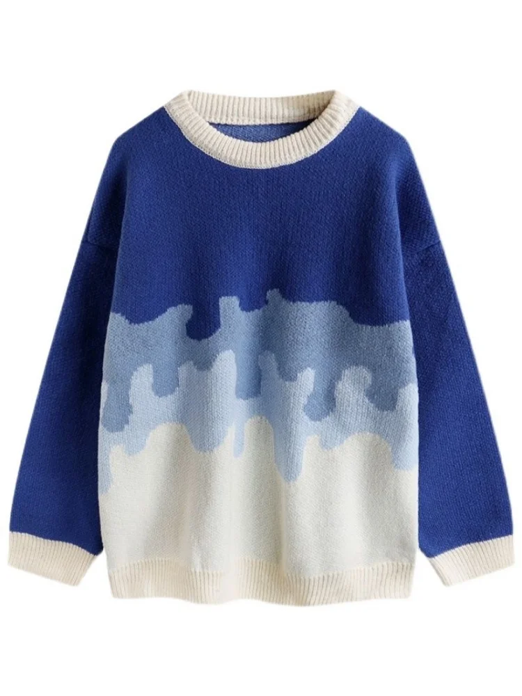 ملابس تريكو نسائية باللون الأزرق من Faionable تصميم ملون فضفاض مناسب طويل Sve قميص خريفي حراري دافئ #5