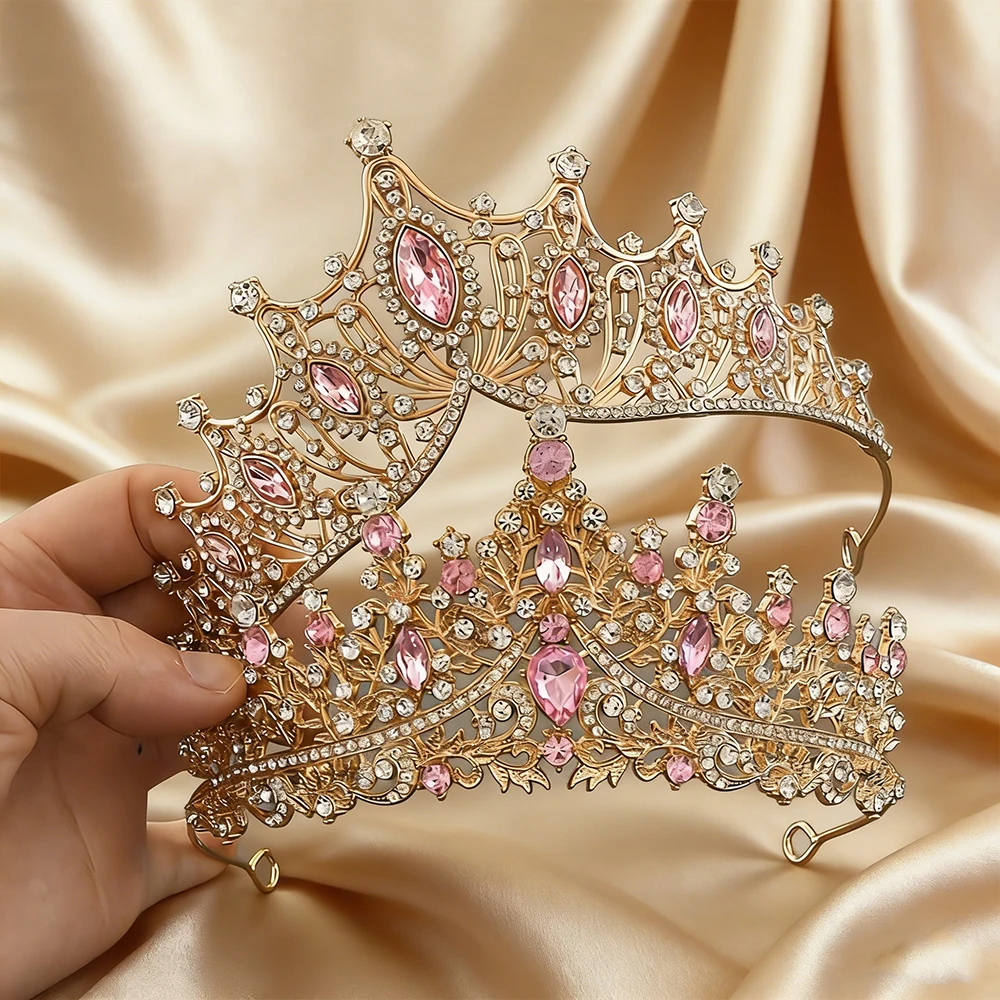 

Великолепная розовая хрустальная королевская тиара с золотистым покрытием, корона с розовыми камнями маркизы и круглыми камнями, прозрачные стразы, идеальный образ для сказки