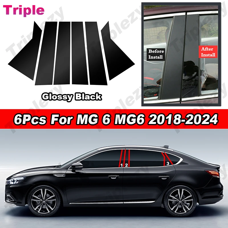 6Pcs Glossy Piano Black Car Door Window Center B C Pillar Post Cover Trim Carbon Fiber Sticker For MG 6 MG6 2018-2024