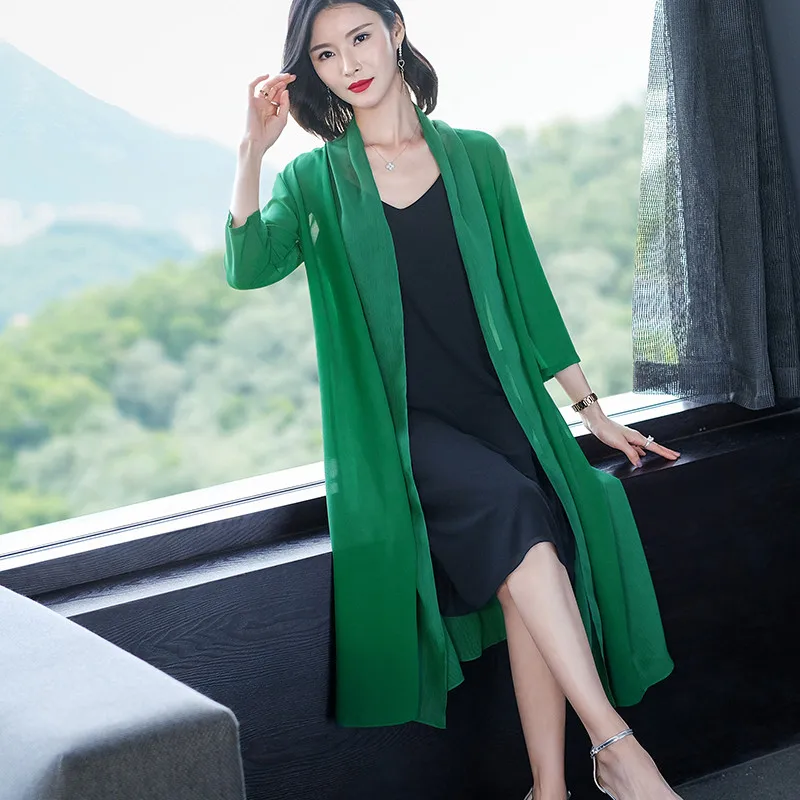 2024 Women chiffon Long Kimono Cardigan Office lady elegant loose Blouses Shirts Sun Protection Clothing vintage Thin cardigans