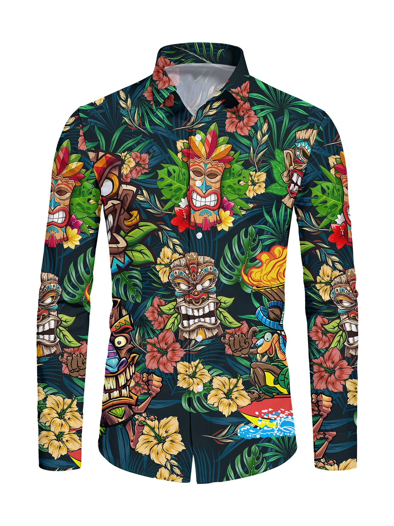 

Fashionable Coconut Tree Leaf Mask, Ethnic Style Printed Men's Long Sleeved Lapel Shirt, Casual Party Street, Hawaii Vacation