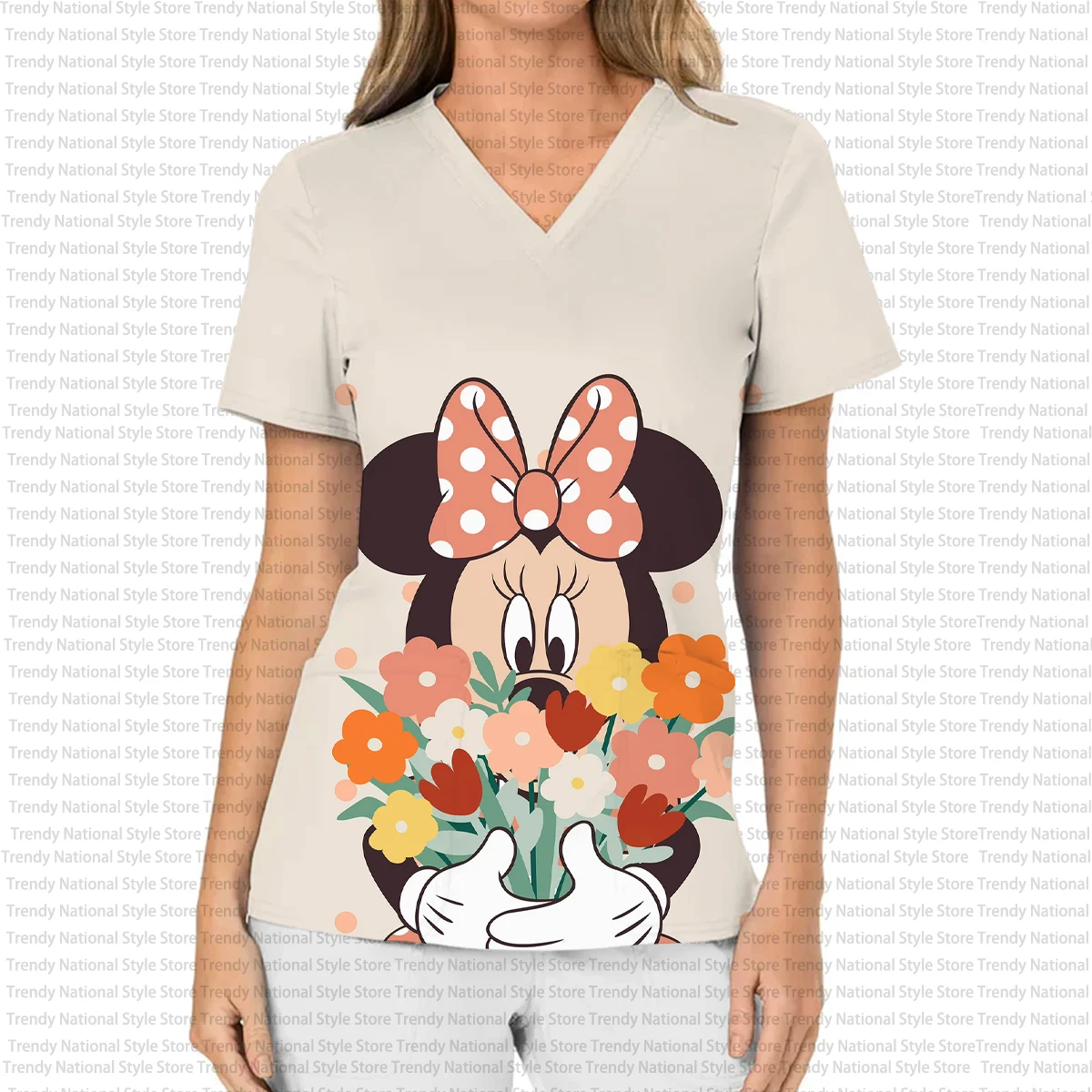 Disney Mickey en Minnie Mouse print V-hals zak matte top, medische dames verpleegster werkuniform, schoonheidssalon T-shirt