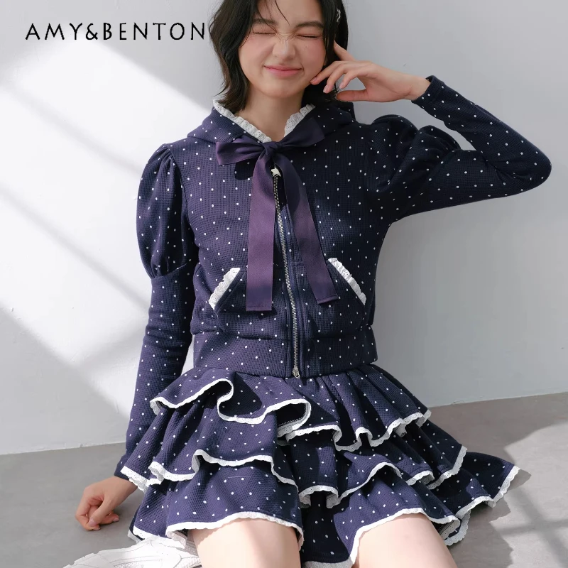 

Autumn Winter New Navy Blue Gray Polka Dot Hooded Women's Top Original Design Sweet Cool Lace Bow Cake Skirt Sports Set Ladies