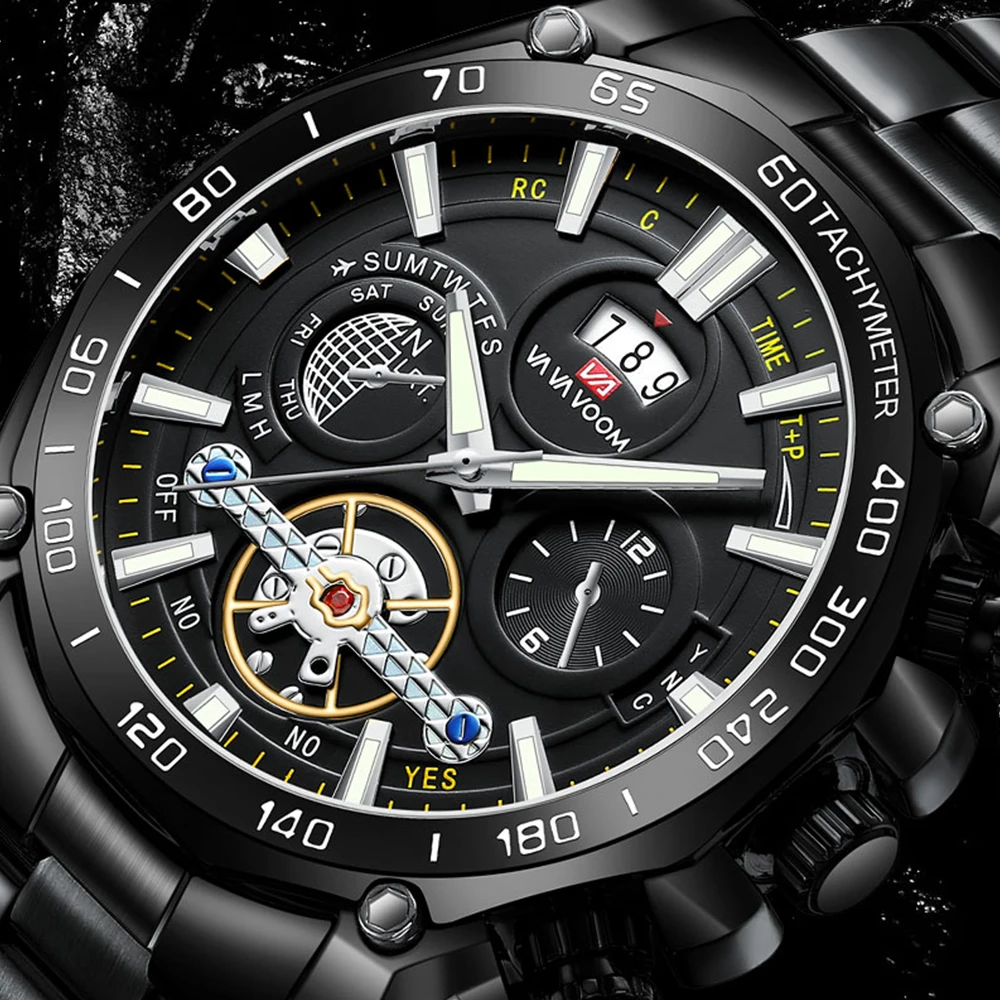 2023 New Men's Quartz Watch Full black 46.5mm Large Dial Pilot Series Sport Stainless Steel Luminous Luxury Top Mens wristwatch