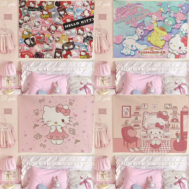 Tapiz Sanrio Hello Kitty con estampado de todos los personajes, colgante de pared para decoración de dormitorio, sala de estar, dormitorio de niñas