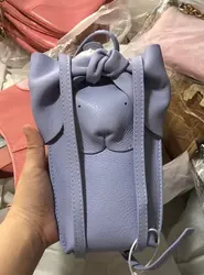 Bunny Phone Bag Big Ears with Bow Genuine Leather Crafted Rabbit Animal Shaped Purse Cowhide Pouch Luxury Gift- Light Purple