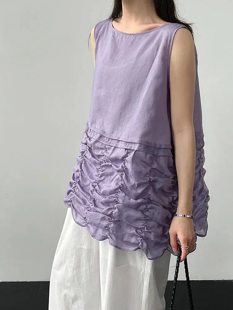 Women Purple Pleated Elegant Long Tank Tops New Round Neck Sleeveless Personality Fashion Tide Spring Summer