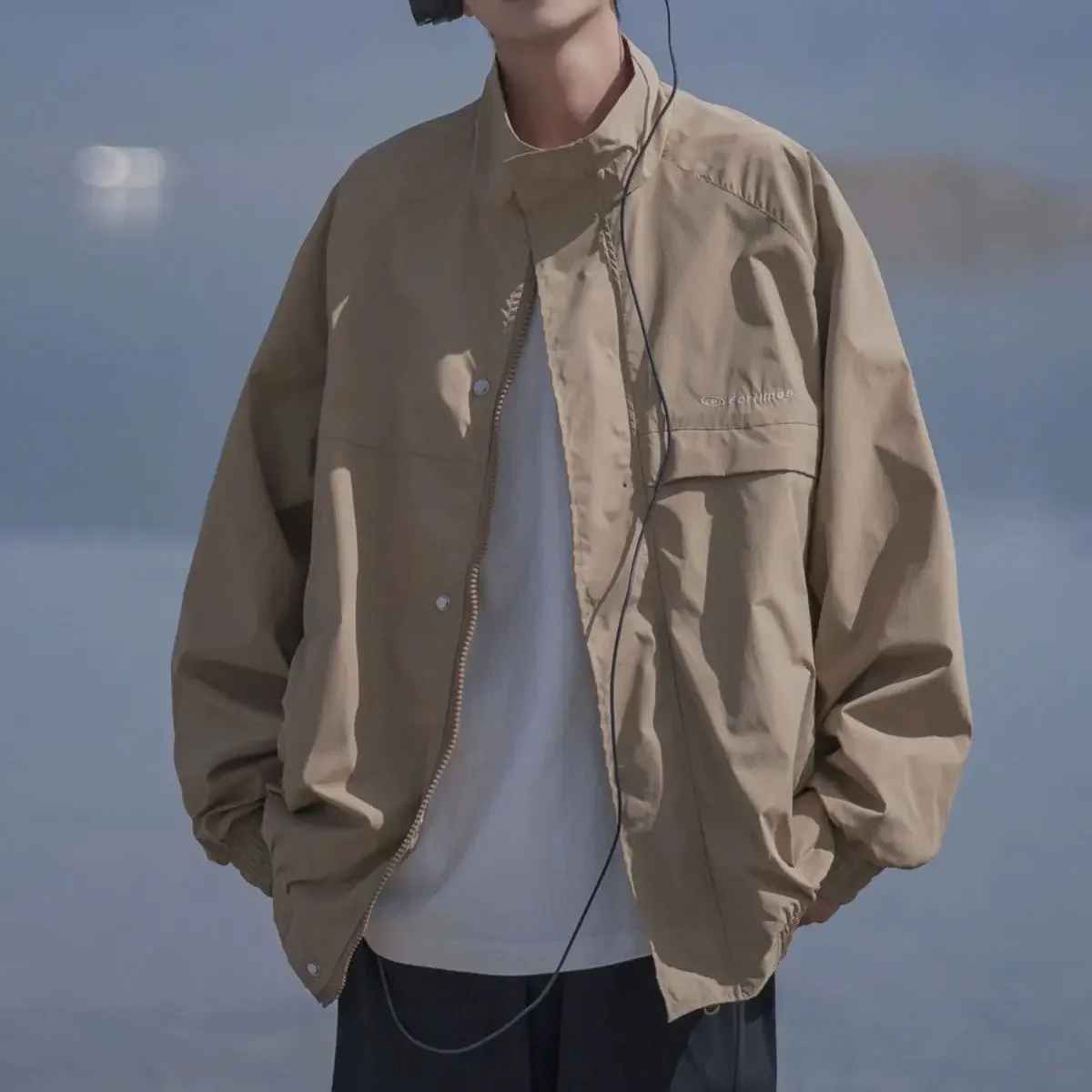 LIBIELIY Stand-up Collar Work Jacket Men Loose Simple Casual Boy Outdoor Jacket Casual Autumn Zipper Long Sleeved Men Clothing M