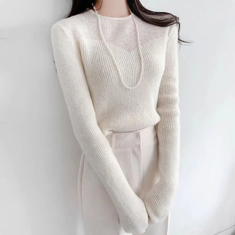 Gaganight Women Korean Chic O neck Slim Fit Sweater 2024 Autumn New Heart shaped Micro Transparent Long Sleeved Base Knitted Top