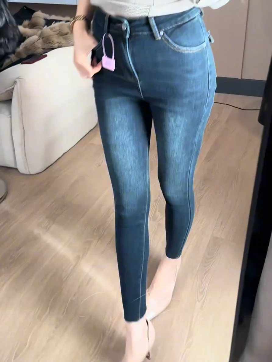 

Retro High Waist Slim Fit Fce Lined Faded Blue Denim Capri Pants Women's Sexy Versatile Ankle Length Jeans Butt Enhancing