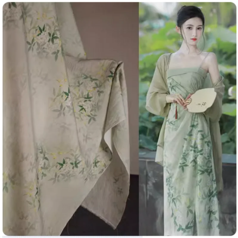 China Wind Butterfly Flower Bamboo Print, Sky Silk Artificial Cotton Fabric, Cheongsam Dress Han Cloth Sewing Material, T2132