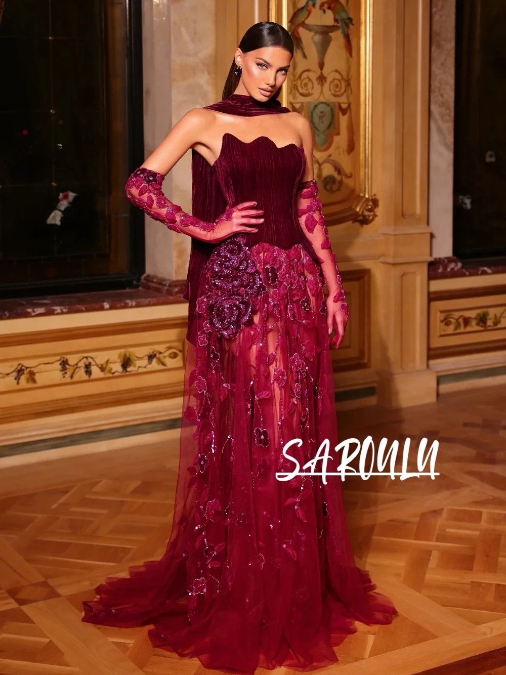 

Popular Velvet Corset Floral Evening Dress Glamorous Sheer A Line Customized Prom Gown With Scarf No Gloves Romantic Party Wear