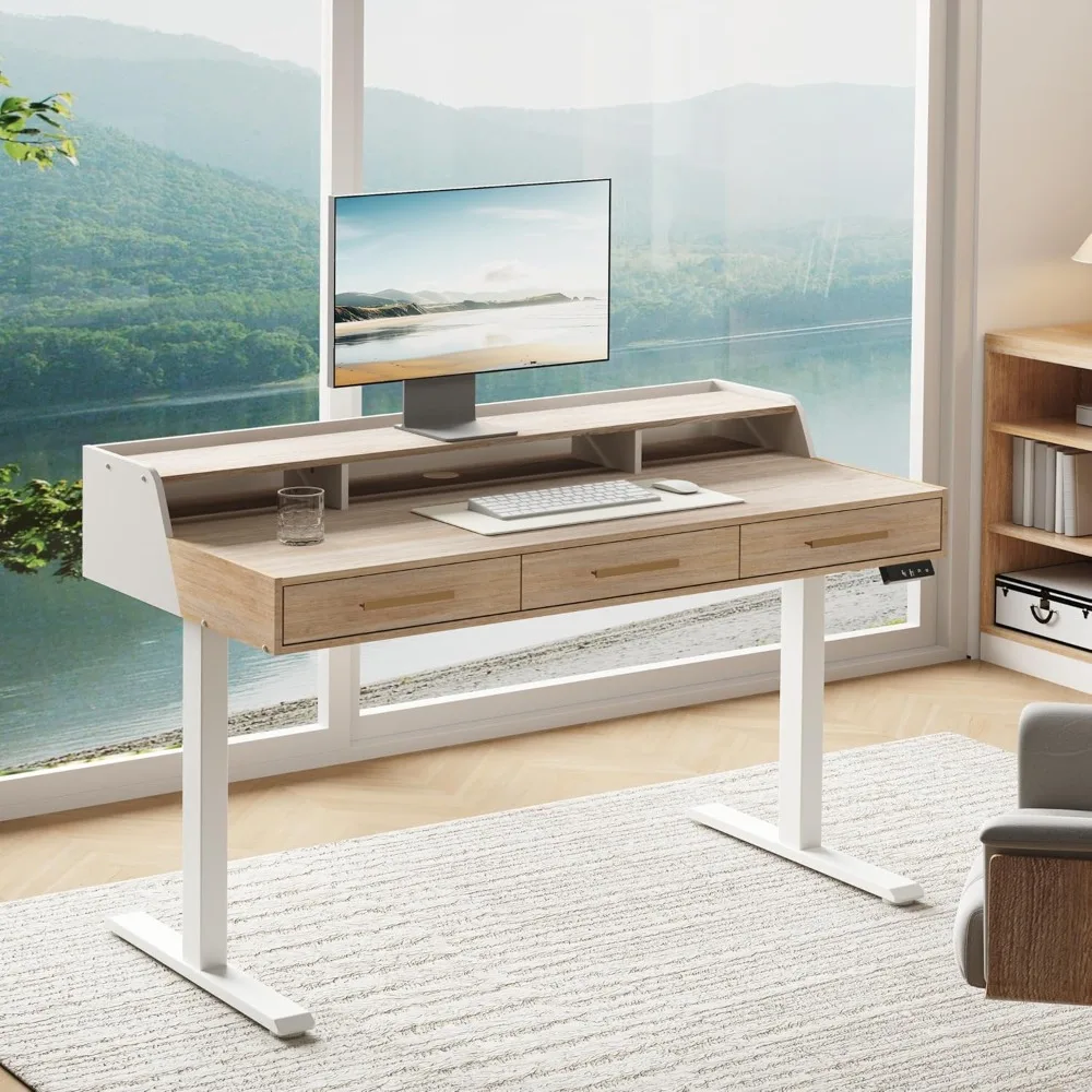 

Standing Desk with 3 Drawers, 48 x 26 Inches Height Adjustable Desk with Monitor Shelf, Electric Stand Up Desk with Storage