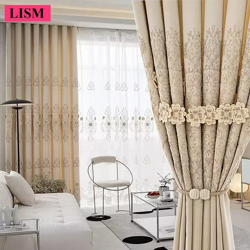 

European Light Luxury Beige Curtains For Living Room And Bedroom Modern Embroidered Tulle Window Blackout Valance Decor Custom
