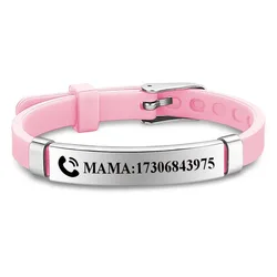 Bracelet SOS personnalisé pour enfants, nom personnalisé, numéro de téléphone, bracelets en acier inoxydable de silicone, cadeau de bijoux