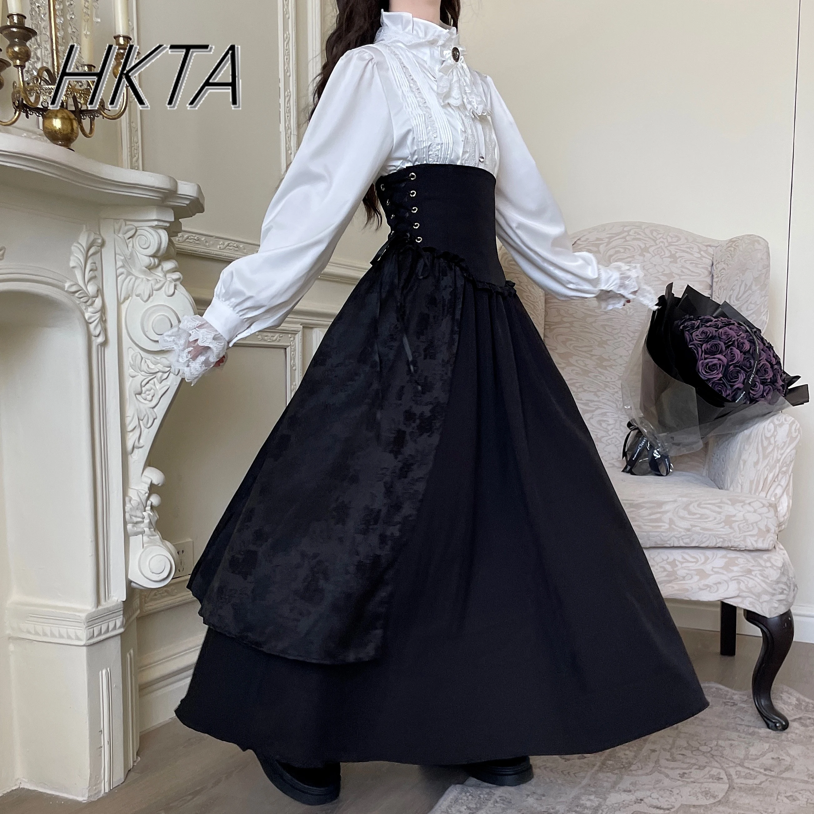 Gothic Lolita Sweet Lace-Up A-line Long Skirt Women's Autumn Winter Black High Waist Black Skirts White Long Sleeve Shirt Sets