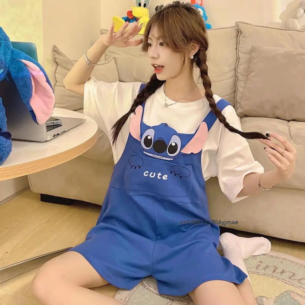 

2Pcs Cute Disney Stitch Overalls Pajamas Set for Women Summer Short Sleeved Cotton Overalls Loose Casual Fashion Trend Home Wear
