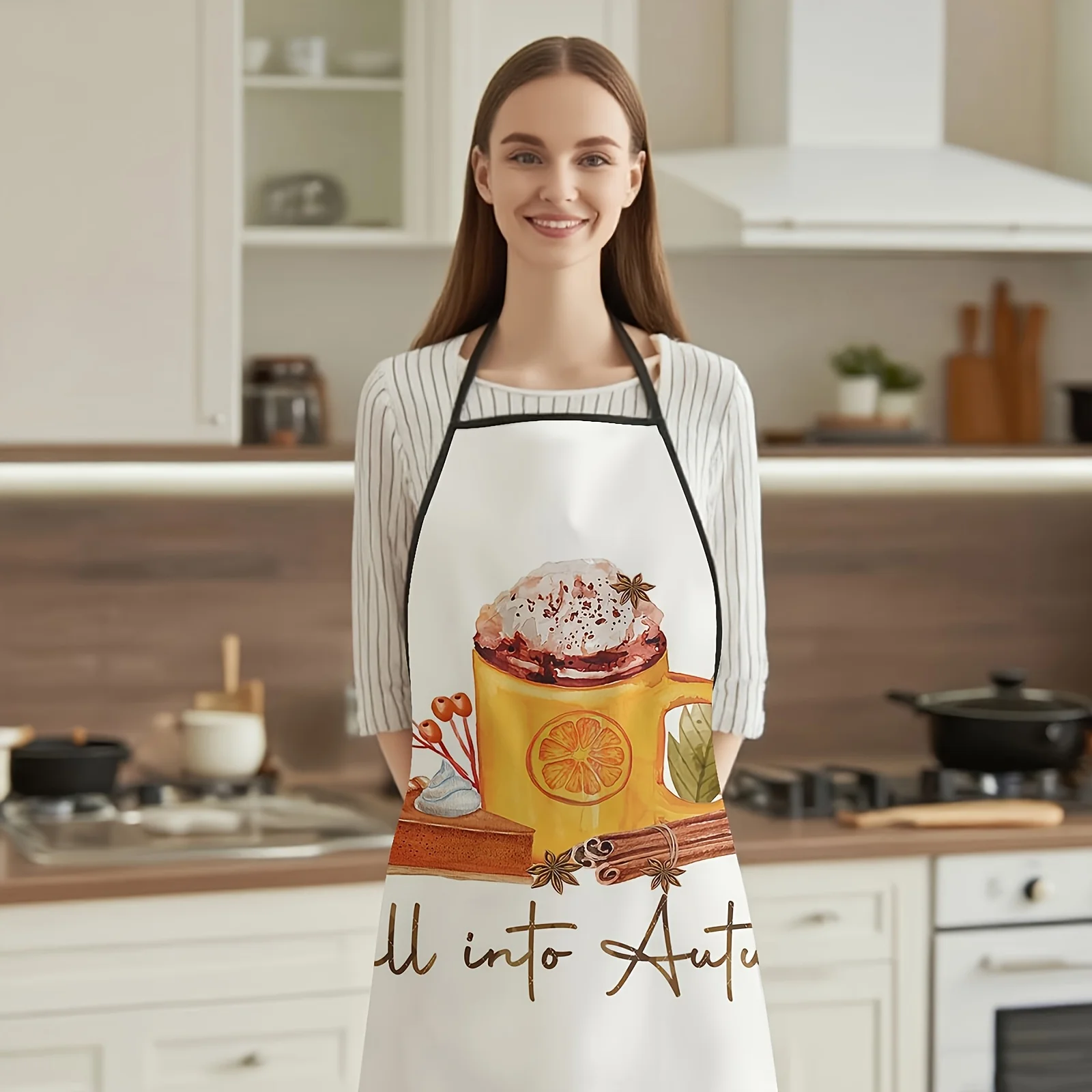 

1pc Autumn Halloween Apron Fall Kitchen Cooking, Pumpkin Spice Latte Cup Design with Cinnamon, Durable Polyester Apron