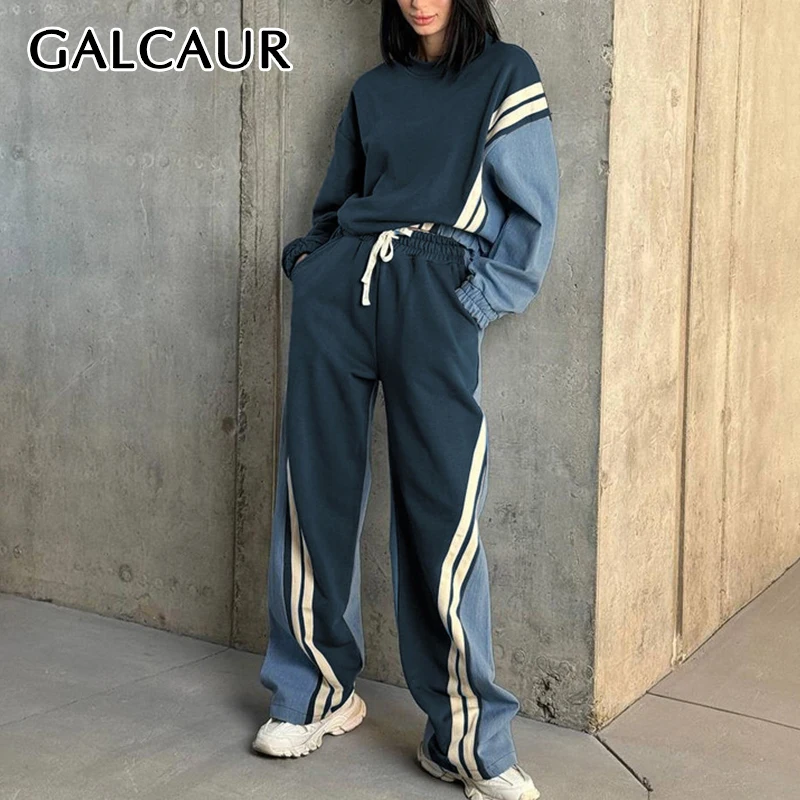 

GALCAUR Hit Color Striped Two Piece Sets For Women O Neck Long Sleeve Pullover Top Spliced Drawstring Pants American Suit Female