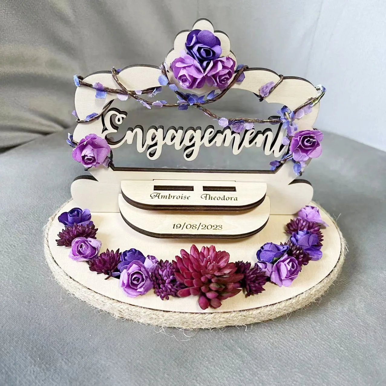 

Personalized Wood Bride Groom Ring Box, Purple Theme, Wedding Engagement, Fiancee Fiance, Photo Props, Party Decorations