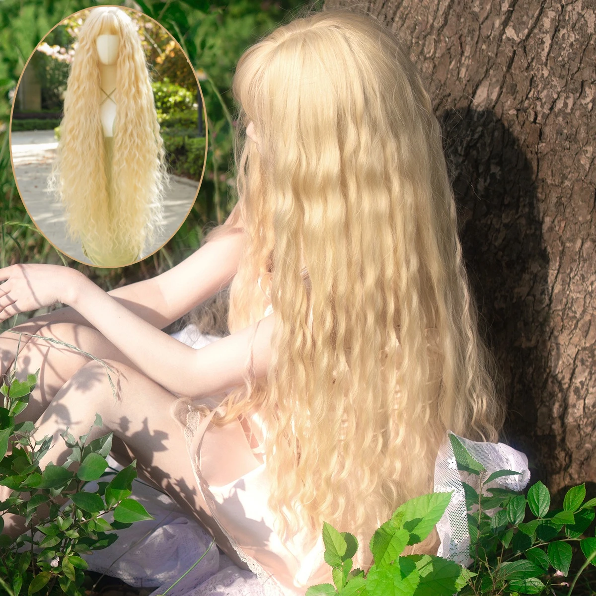 

110cm Extra Long Wavy Curly Wig for Women Blonde Wig Natural Looking Synthetic Cosplay Daily Party Costume Lolita Wig with Bangs