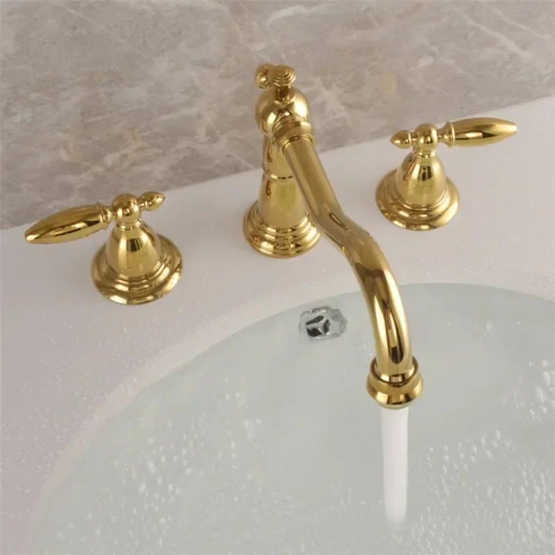 Antique retro double handle three-hole split basin faucet, all-copper gold wash basin, extended mouth faucet FT1004