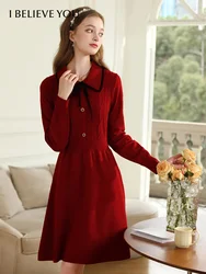 I BELIEVE YOU Fall Clothes 2024 Women Slim Vintage Red Dress Long Sleeve Knitted High Quality Modest Dresses Elegant 2234135290