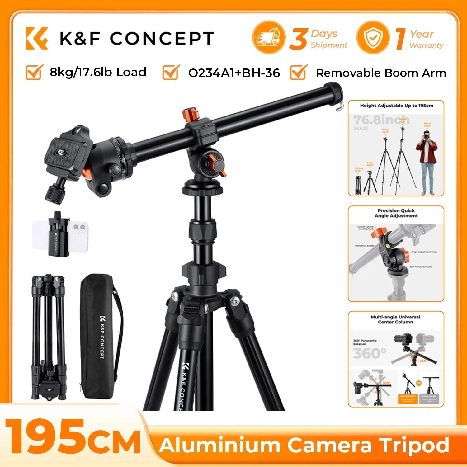 K&F CONCEPT 76 Zoll Kamerastativ, drehbare Mehrwinkel-Mittelstütze, 8 kg/17,6 lb Tragkraft, neues leichtes Reise- und Outdoor-DSLR-Stativ