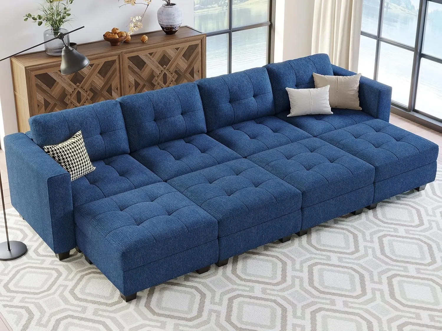 

Storage Modular Sleeper Sofa Sectional Couch with Wide Chaises Convertible Sectional Sofa Bed Modular Sleeper Sectional Blue