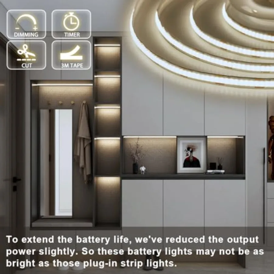 COB LED Light Strip, 6.56FT 640LED Battery Powe LED Strip Lights with Remote Control Timer Dimmable Flexible Cuttable Tape Ligh