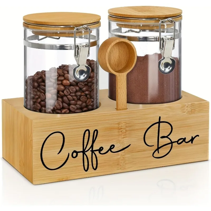 

Glass Coffee Canisters with Wood Shelf - Airtight Coffee Bean Storage Jars, Locking Lid & Spoons - Coffee Tea Sugar Canister Set