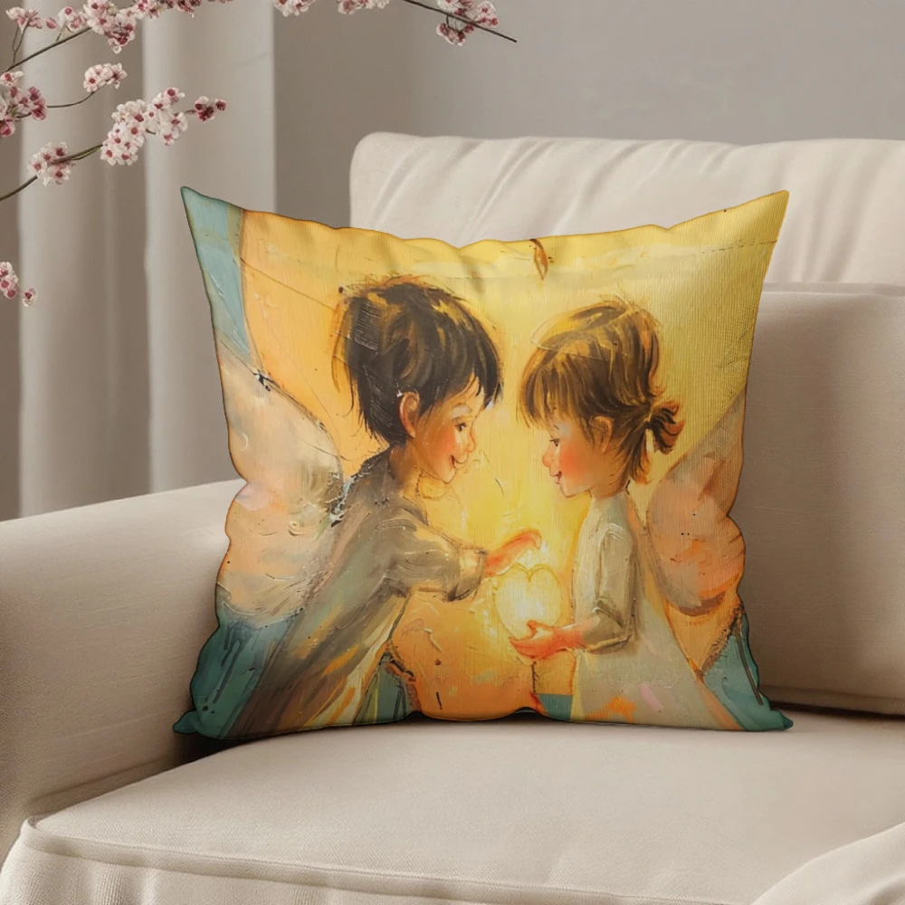 Square Throw Pillow Cover Warm Yellow Angel Kids Holding Heart Print Decorative Cushion Case For Living Room Sofa Bedroom Home D