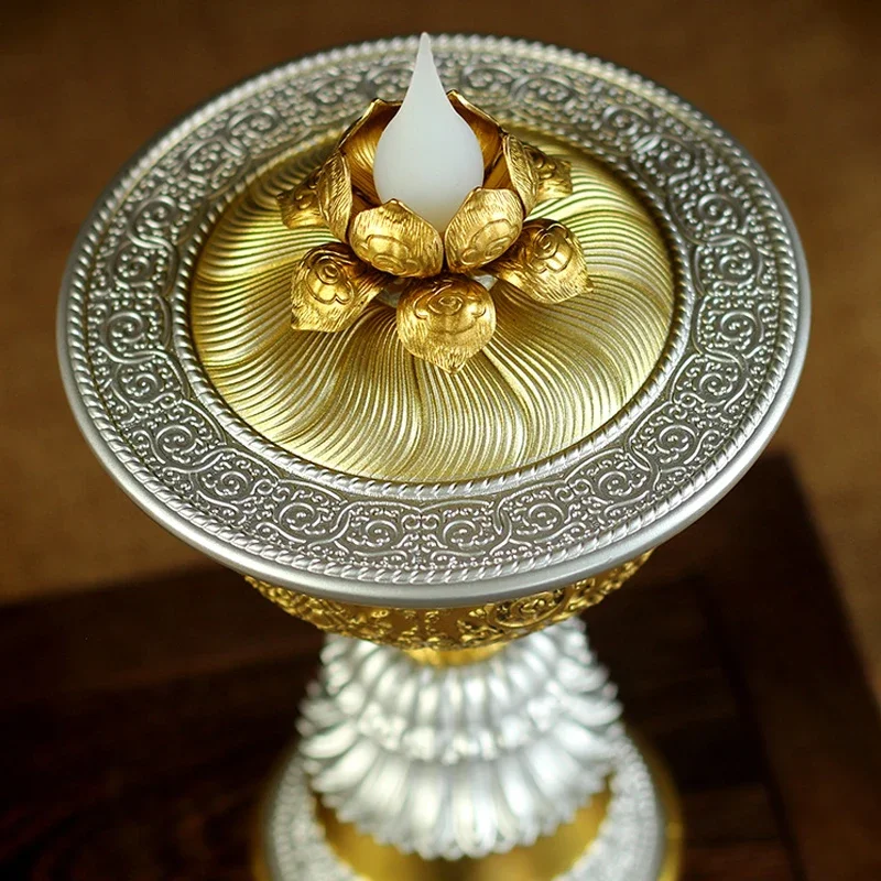 Electric Copper Tibetan Butter Lamp, Rechargeable Alloy, Buddhism Fist Candle Light, Warm White LED, Thailand Altar Lamp, 20cm