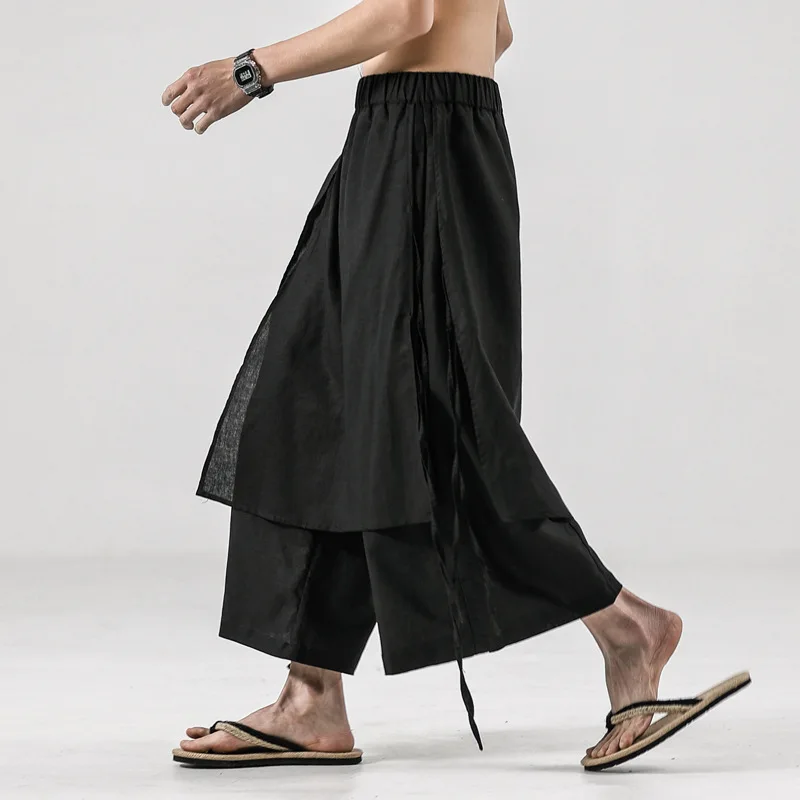 Men\'s Linen Casual Pants Jogging Trousers Elastic Waist Loose Irregular Culottes Street Style Harajuku Straight Wide Leg Pants