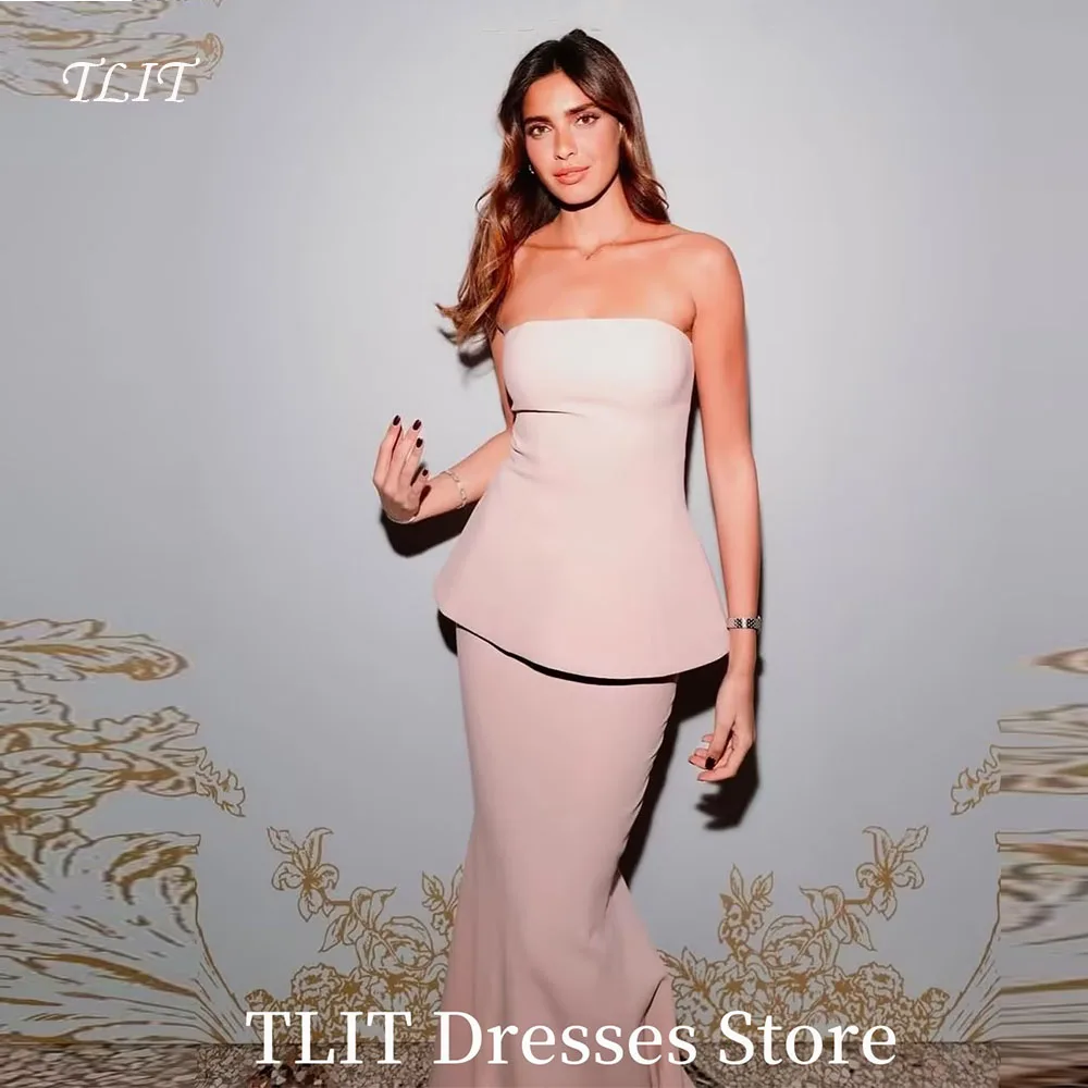 

TLIT Elegant 2 Piece Blush Pink Formal Evening Party Dress Strapless Soft Satin Arabic Women Wedding Guest Dress CustomizedProm