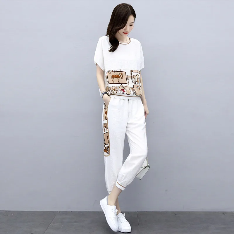 Summer Large Size Sets Women Short Sleeve Tshirts+ Pants Two-piece Sets Fashion Casual Female Sportswear Suit Printed Set