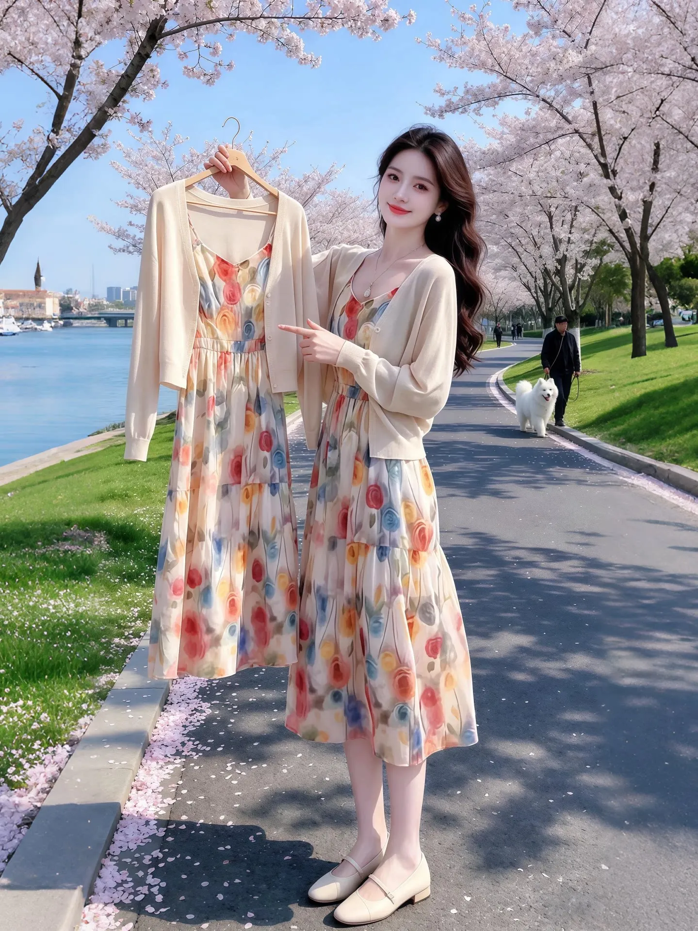 

Summer 2026 Ice Silk Knitted Loose Feel Two-Piece Set Fashionable Open Cardigan Strap Dress Breathable Lightweight V-Neck