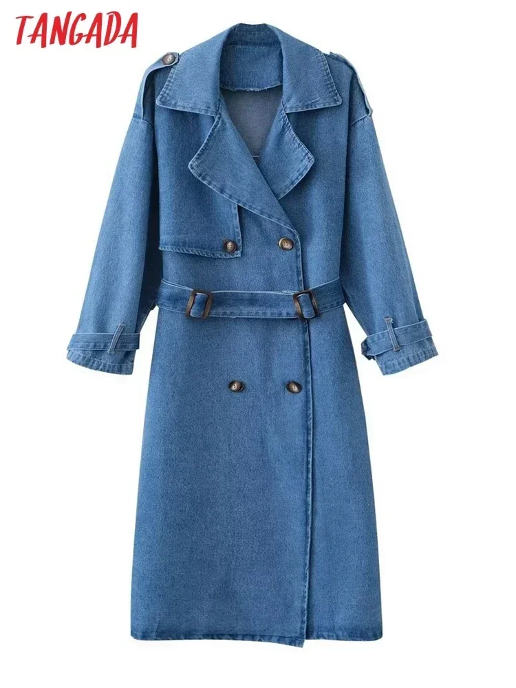 Tangada 2023 Autumn Women Blue Denim Trench Coat With Belt Elegant Female Loose Outwear 5B2