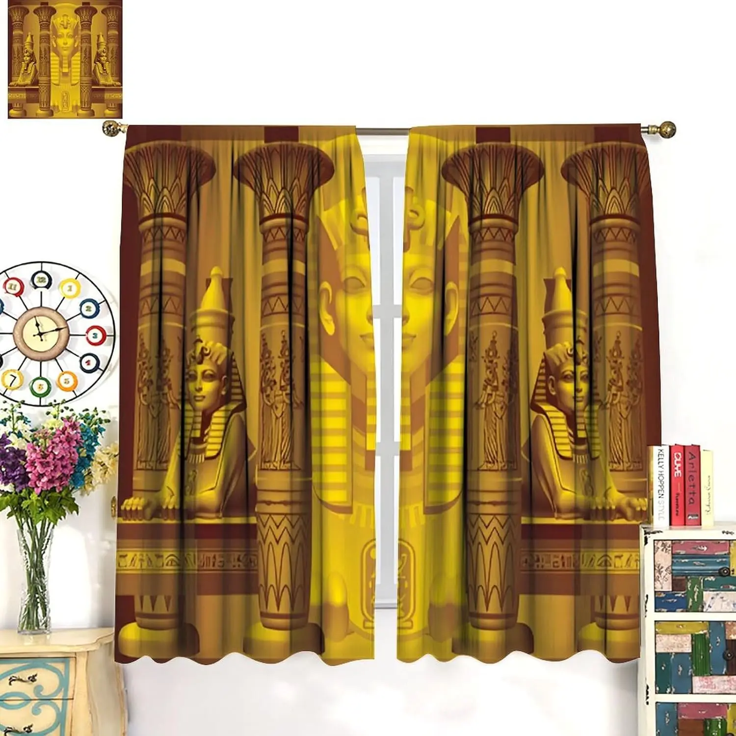 Ancient Egyptian Curtains, Golden Egyptian Sphinxes Vintage Mural Print Rod Pocket Window Drapes for Kitchen Bedroom Living Room
