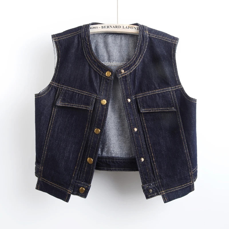 

Dark Blue Slim Short Denim Vest Women Spring Summer Round Neck Single-Breasted Sleeveless Jeans Vest Female Cowboy Waistcoat