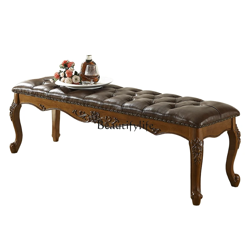 

American all solid wood bedside stool European style bedroom bed sofa living room sofa cloakroom long leather stool