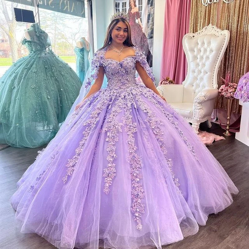 ANGELSBRIDEP Lilac Sweetheart Quinceanera Dresses 3D Flowers Appliqued With Cape Ruffles Birthday Princess Vestidos De 15 Anos