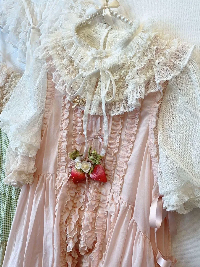 Japanese Rojita Sweet Style Short Sleeved Dot Gauze Stand Collar Puff Sleeves Inner Shirt Pullover Top Y2k Kawaii Blouse Ladies