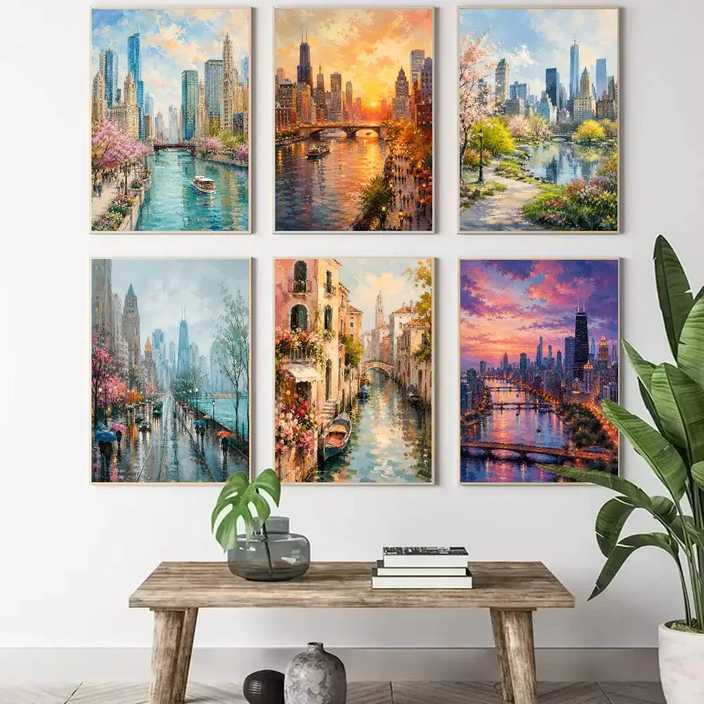 Urban Canal Cityscape Poster Wall Decor Self-Adhesive Aesthetic Modern Vibe Stylish Gift Friends Using Living Room Bedroom