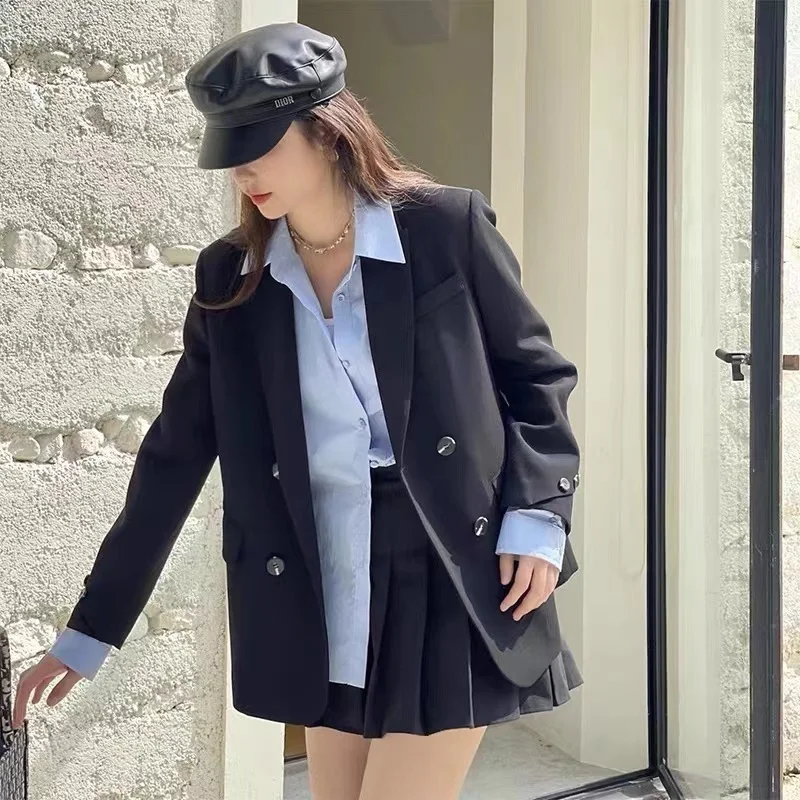 Cappotto Blazer a maniche corte Casual retrò autunno e inverno da donna pendolarismo giacca con colletto doppiopetto allentato tinta unita