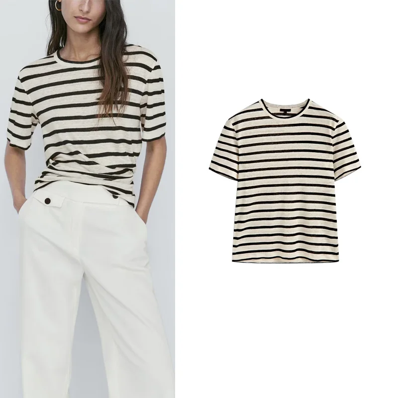 مريحة للتنقل Sle مخطط ort Sve جولة Ne تي شيرت المرأة الأساسية عادية وصول جديد 2024 ألياف البوليستر