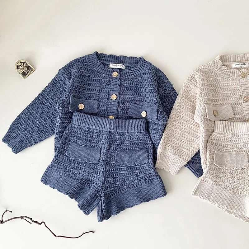 Autumn Spring Baby Girl Clothes Suit Long Sleeved Solid Color Knitted Cardigan Sweater+Shorts Kids Knitted Clothing Set