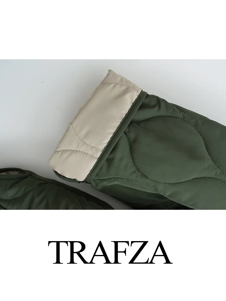 TRAFZA 2024 Casual Women Quilted Loose Cotton Coat Female Long Sleeve V-Neck Pocket Zipper Design Casual Slim Outerwear Jacket