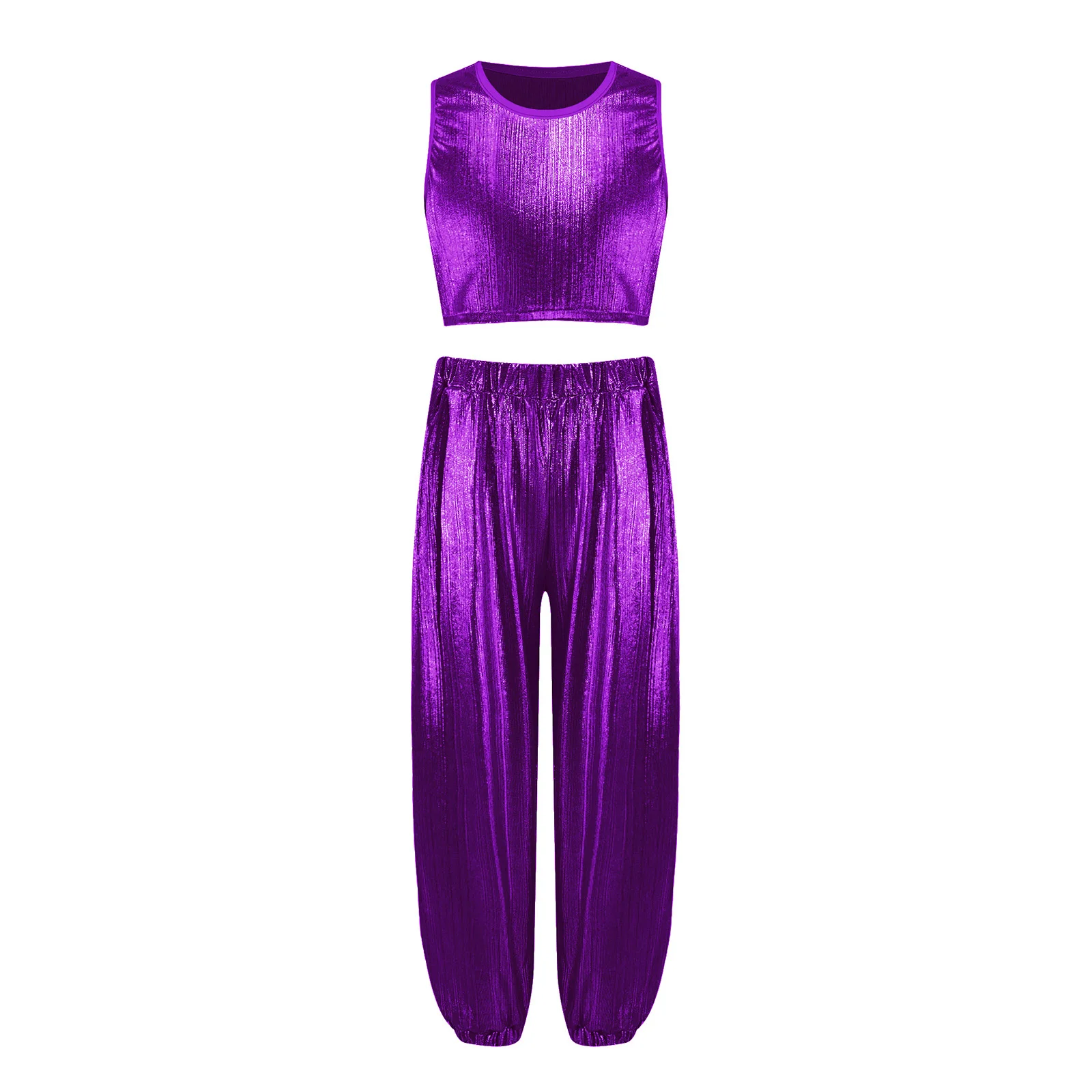 Kinder Mädchen Hip-Hop-Cheerleading-Auftritts-Kostüm Jazz-Tanz-Outfit Metallisch Geripptes Tanz-Outfit Ärmellose Weste mit Hose – Detail 31